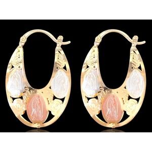 Laminated GoldWomens Tri Tone Gold Color Virgin Mary Hoop Earrings‎ Religious